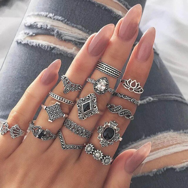 Bague Femme Vintage Ringen voor Vrouwen Boho Geometrische Bloem Crystal Knuckle Ring Set Bohemian Midi Vinger Sieraden Zilveren Kleur: Set15 rhombus Drop