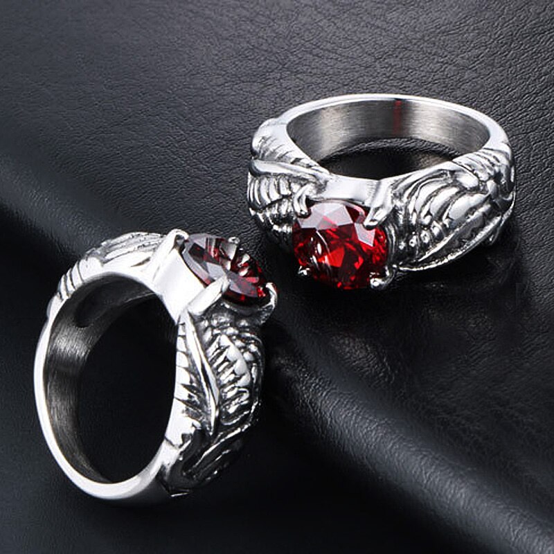 Classic Stainless Steel Red Stone Ring Vintage Silver Color Sculpture Pattern Rings for Women Men Punk Style Jewelry