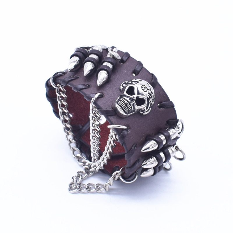 Punk Kwastje Ketting Bullet met Schedel Bedelarmband Homme Zwart & Bruin Gevlochten Touw Lederen Armband Mannen Sieraden