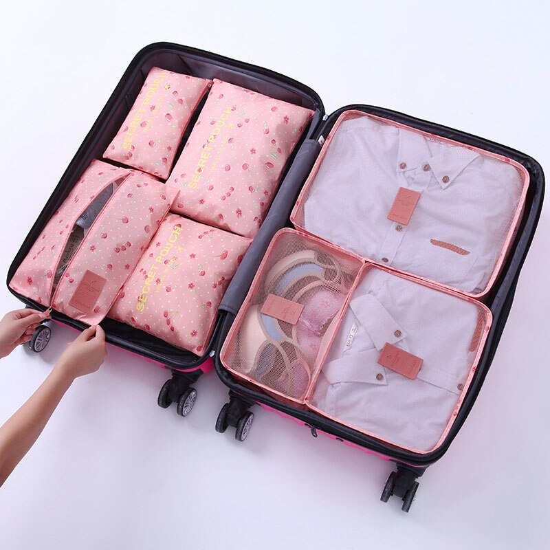 7pcs/set Luggage Organizer Bag Large Waterproof Polyester Packing Cubes Organiser For Clothing Storage Bags Travel Accessories: Pink Cherry