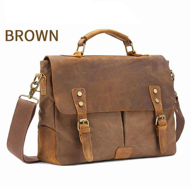 MARKROYAL Vintage Crazy Horse cuero lona bolsas de mensajero maletín para ordenador portátil bolso cruzado: Castaño