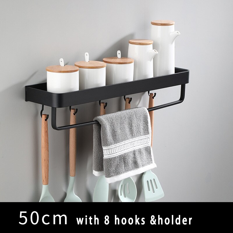 Black Space Aluminum Hanging bathroom Shelf Kitchen Storage Rack Kitchen Corner Storage Rack Organizer: 50cm with hooks