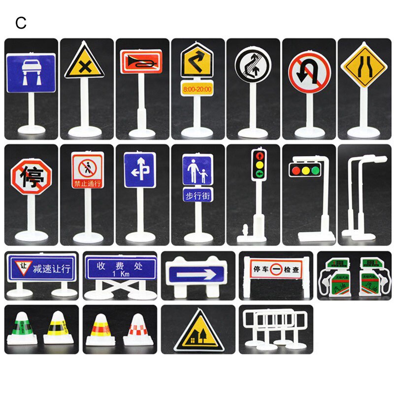 28Pcs Leuke Kinderen Vroege Educatief Speelgoed Stad Road Gebouwen Parking Kaart Verkeer Verkeersborden Stad Kaart Accessoires A-G: traffic signs-C