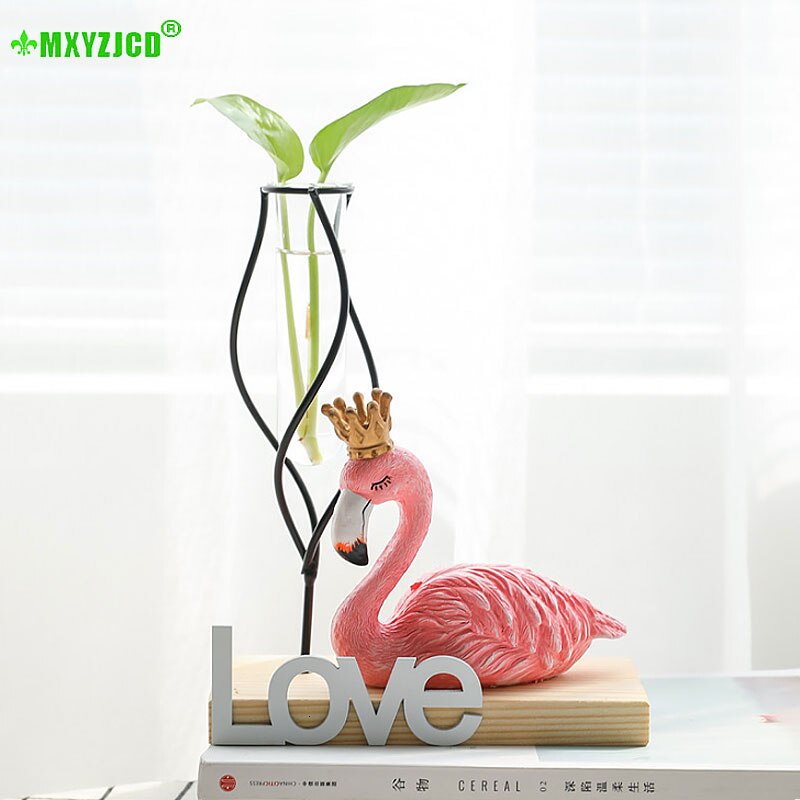 Glas hydroponisk växtvas hem vardagsrum transparent blomsterarrangemang behållare kontor skrivbord harts flamingo dekoration