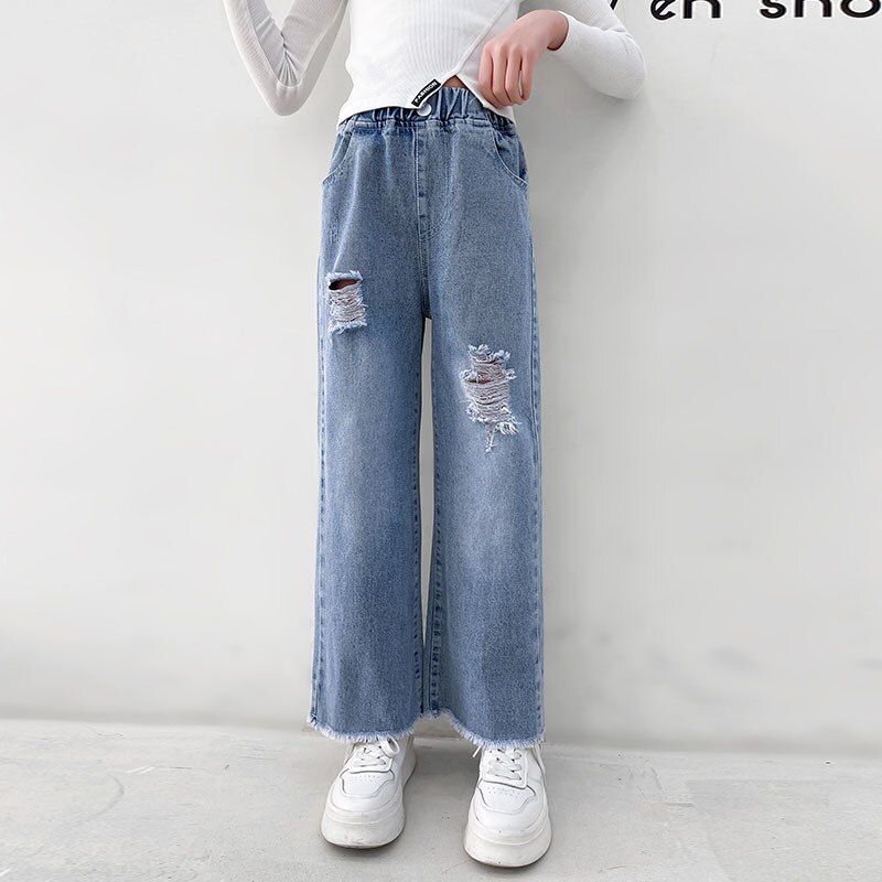 Pantalones vaqueros con agujeros rasgados para niña, pantalón informal de pierna ancha para adolescente, ropa para niña de 4, 5, 6, 7, 8, 10, 12 y 14 años, primavera y otoño