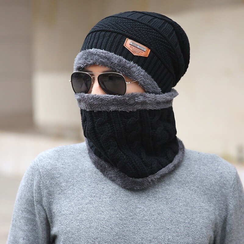 Conjunto de gorros de lana de Coral para hombre, bufanda cálida y transpirable, gorro de punto de lana con letras, gorro de doble capa, para invierno, Uds.: man black