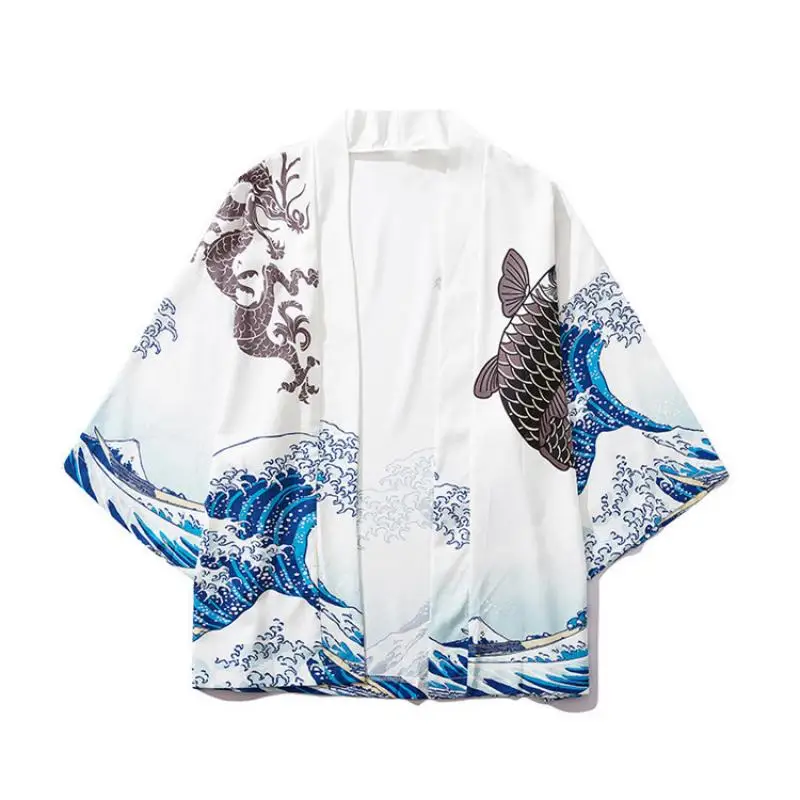 Herre sommer grøn bølget karpemønster kimono cardigan dame japansk traditionelt tøj plus size trykt strandfrakke: L / Hvid