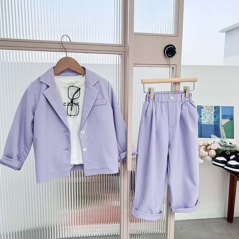 Lente Kinderen Casual Pak Outfits Mode Effen Kleur Pak Jas En Wijde Pijpen Broek 2 Stuks Meisjes Kleding Sets