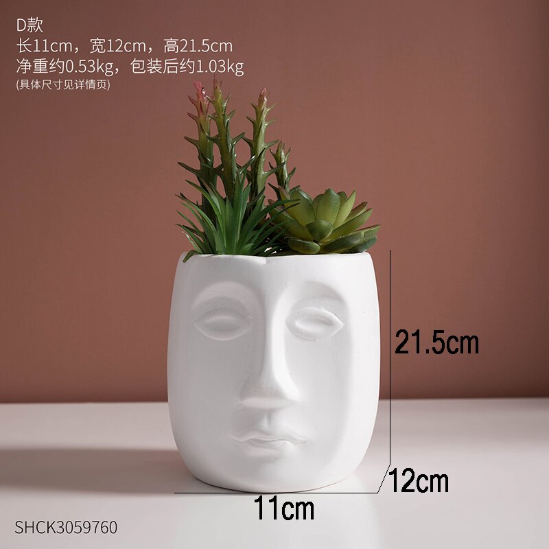 Jarrones creativos blancos para flores cara humana abstracta maceta de plantas suculentas arreglo de flores accesorios de decoración del hogar: D