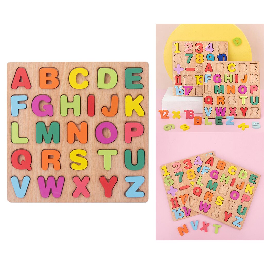 Wooden Board Colorful ABC Alphabet Number 3D Puzzle Kids Early Educational Toy Matching Letter Family Game Toys