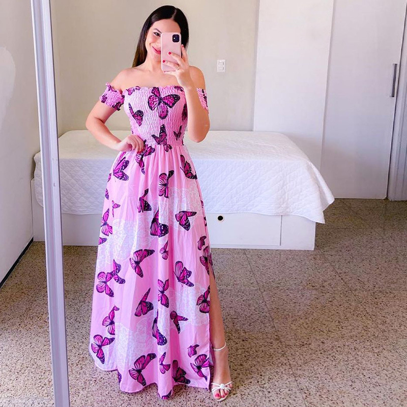 Moda feminina um ombro impresso split doce e elegante borboleta arco-íris vestido longo senhora vestidos flor sólido colorido