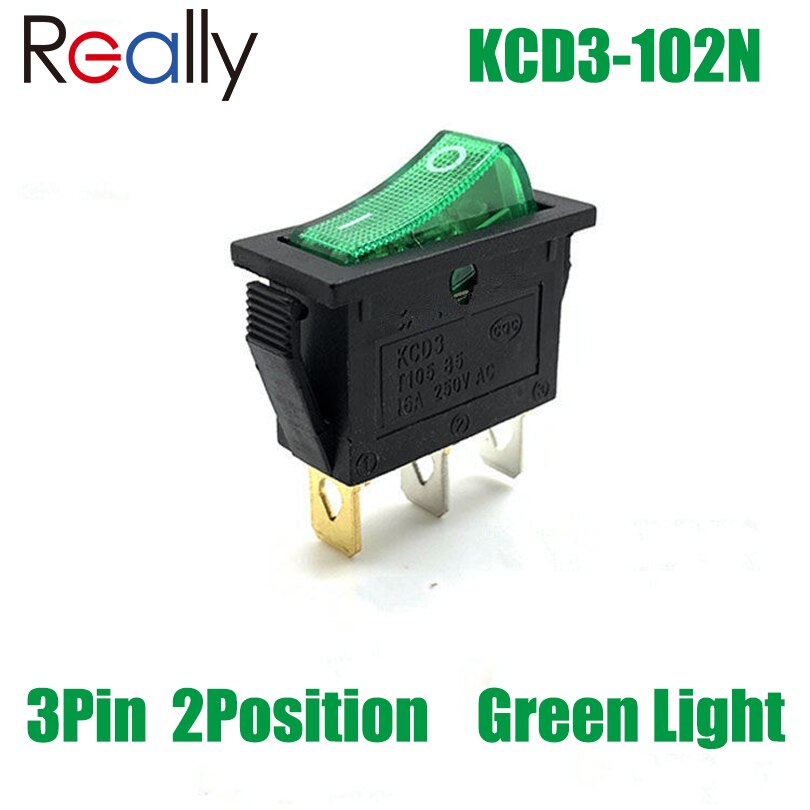 Echt 15A 250V/20A 125V Ac Tuimelschakelaar KCD3 Switch On-Off 2 Positie 3 Pin elektrische Apparatuur Met Licht Schakelaar: KCD3-102N Green