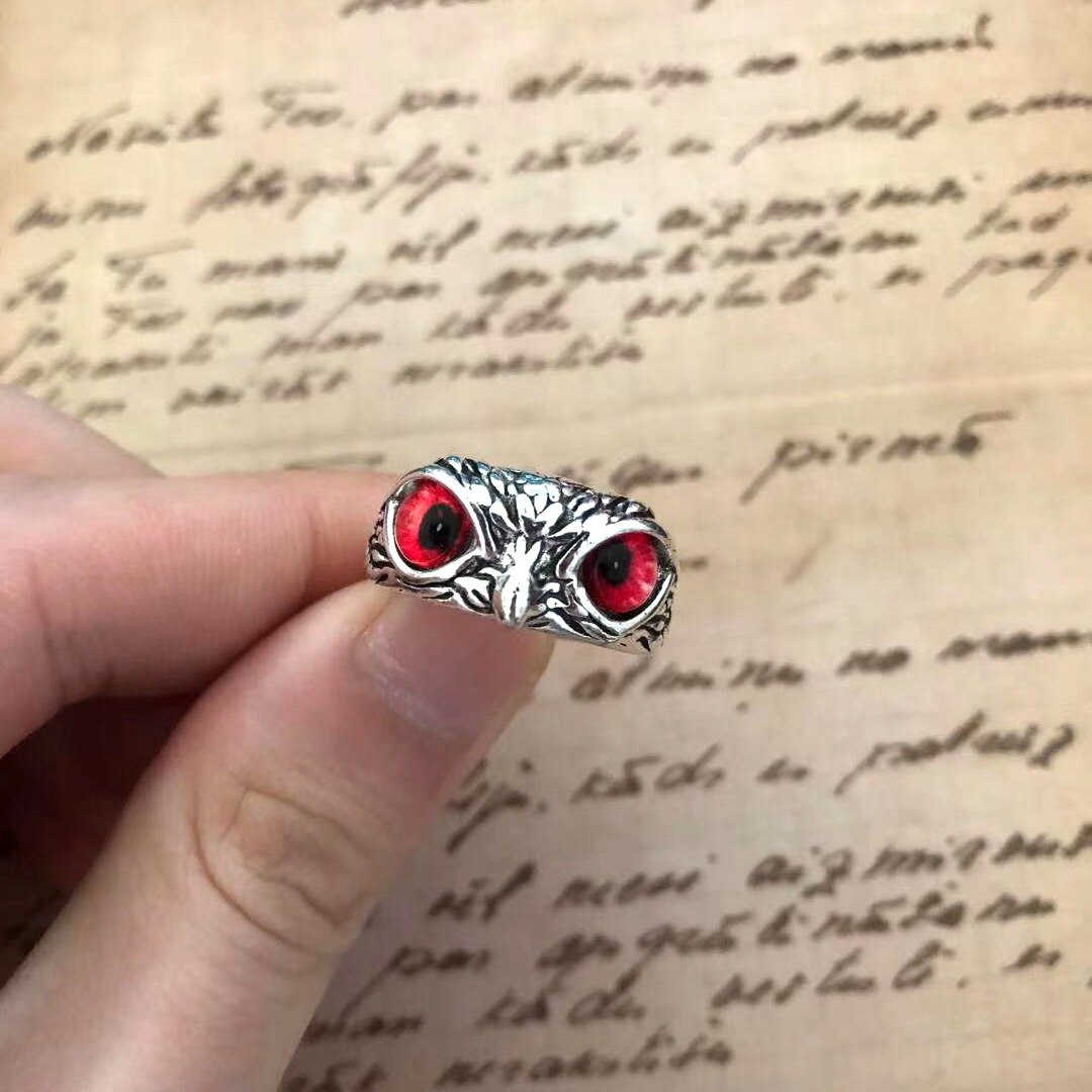 Charm vintage söta män och kvinnor enkel uggla ring silver färg förlovning vigselringar smycken: Röd