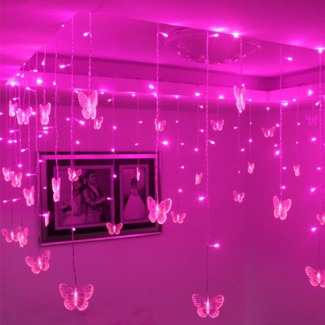 Guirnalda de mariposas LED rosa y morado, cortina de luces de hadas para habitación, sala de estar, hogar, decoración de boda, decoraciones para dormitorio: changeable / M