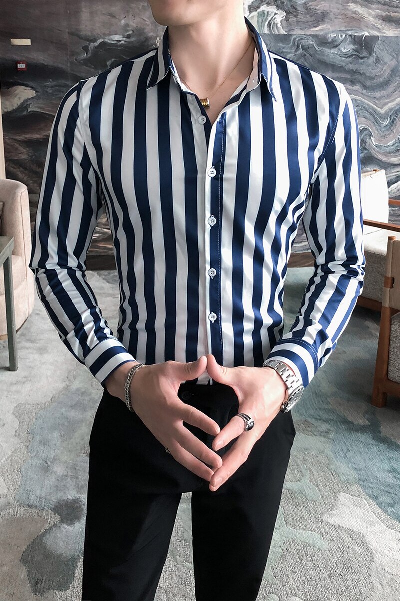 Zakelijke formele kleding lange mouwen gestreept overhemd herenkleding slim fit heren casual kantoor blouse homme 3xl- m