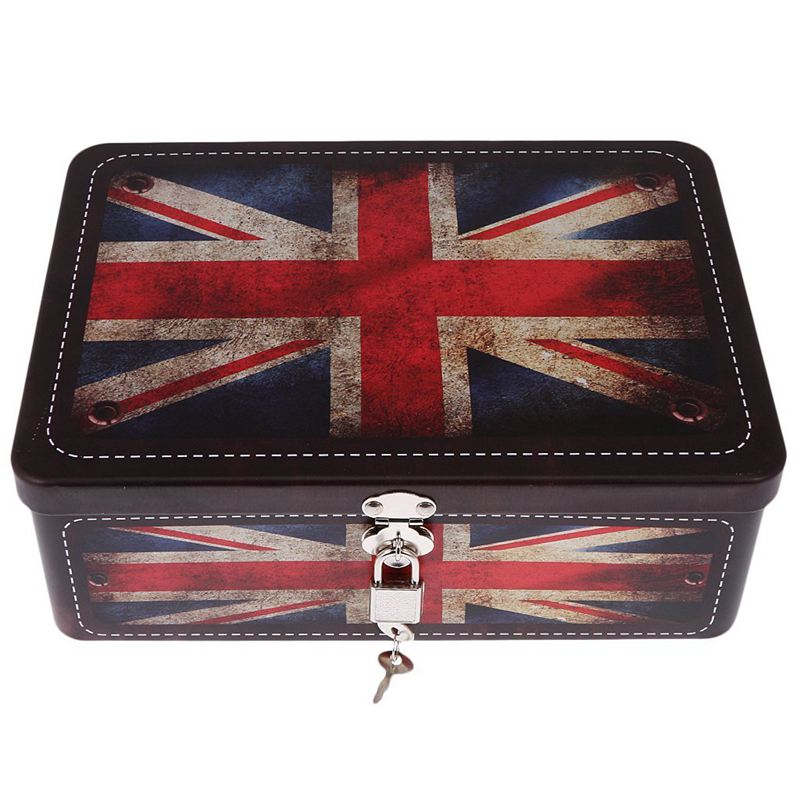 metal lock box square shape storage storage for candy cookies tea jewelry - UK flag pattern