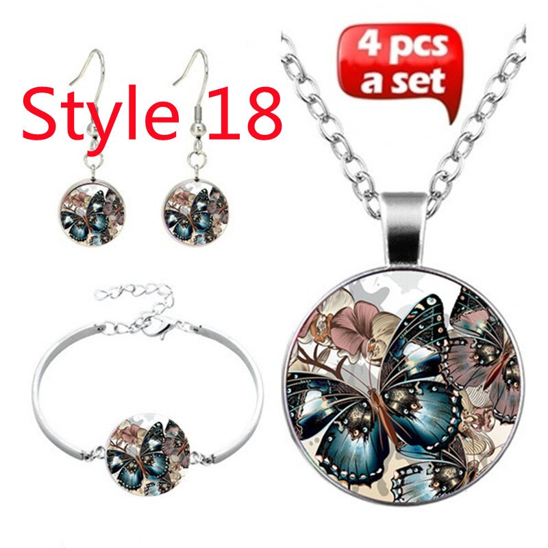 Tegel Sieraden Vlinder Glas Cabochon Ketting Stud Oorbellen Armband Set Totally 4Pcs Boom Celestial Vrouwen Sieraden Set: Style 18