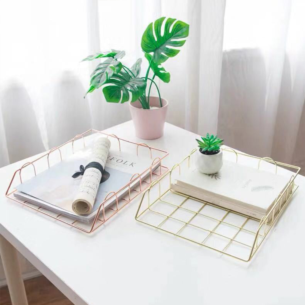 Nordic Magazine Newspaper Organizer Metal Stackable Storage Basket Frame Rack Office Desktop Rose Gold A4 Paper Finishing Basket