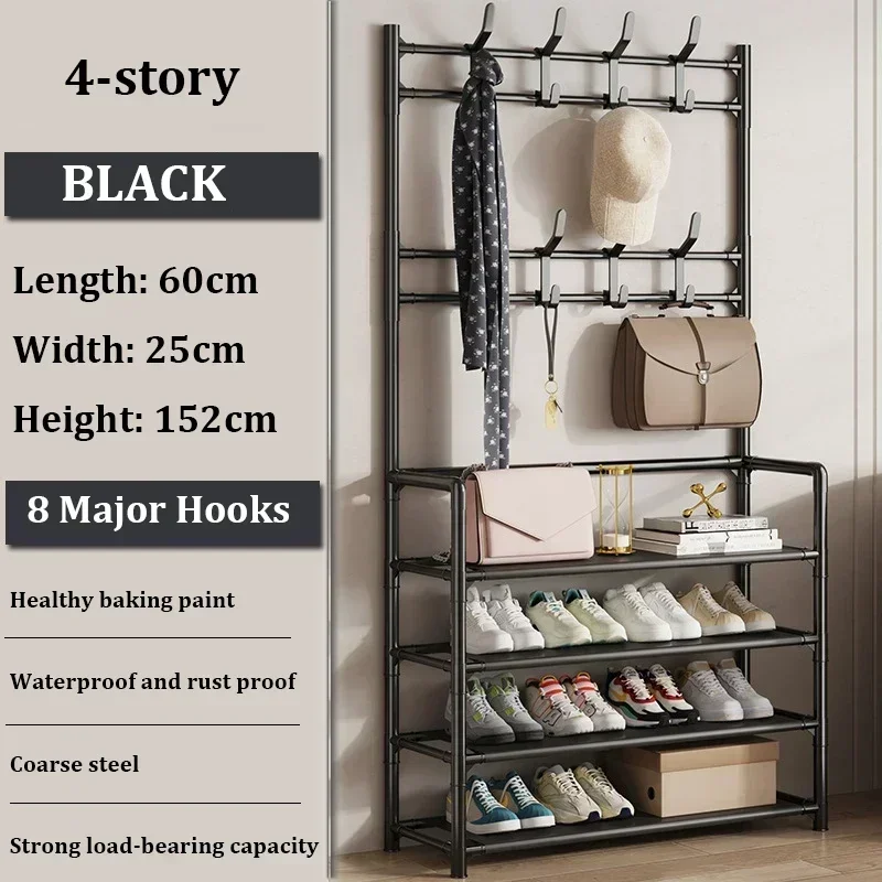 Clothes Hanger Multi-Layer Shoe Rack Shelf Floor Standing Coat Racks Assemble Cloth Storage With Hooks Sneakers Organizer: light green