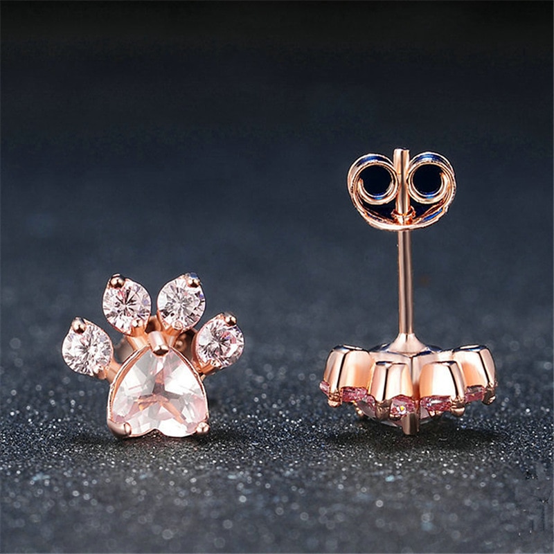 SIPENGJEL Cute Pink Zircon Cat Paw Earrings Trend Bear And Dog Paw Pink Claw Stud Earrings For Women Jewelry