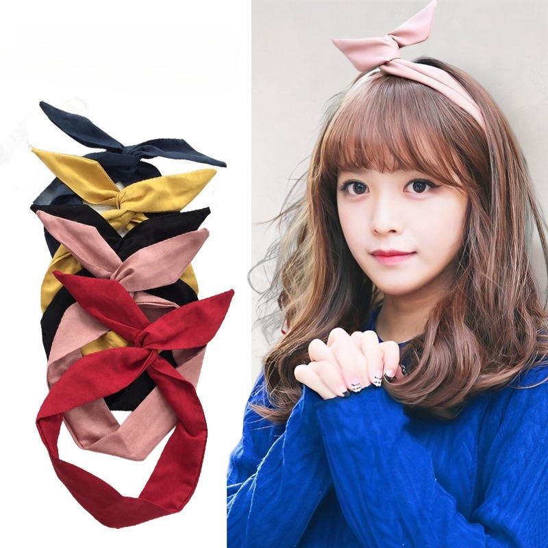 Ruban d'oreille de lapin en daim de couleur unie pour femmes, bandeau pour cheveux, nœud papillon croisé, écharpe en fil métallique, accessoires pour cheveux pour filles