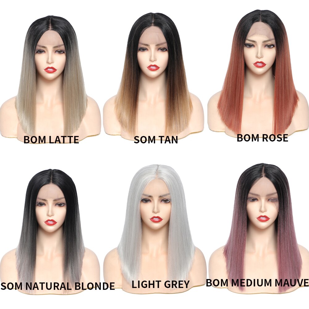 SOKU Synthetic Wigs Short Bob Light Grey Straight Hair For Women 14 Inches Ombre Gray Lace Wig Heat Resistant Middle Part Wigs