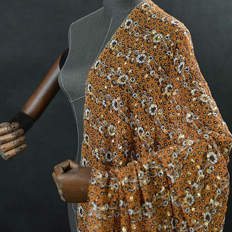100cm*135cm gull glitter silke georgette gasbind stoff for kjole leopard floral