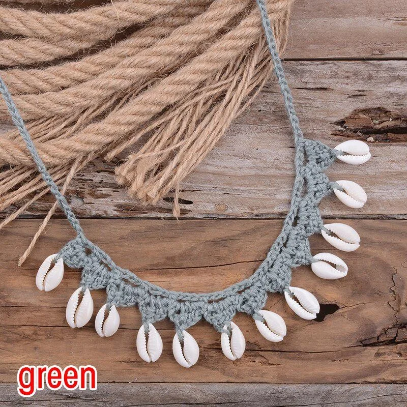 Collar de conchas bohemias para mujer, Gargantilla de cadena de cuerda tejida a mano, collares de cuentas de playa de verano, joyería: Rojo-marrón