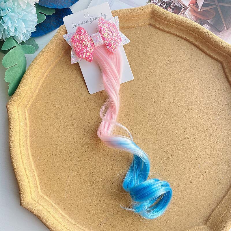 1-2 pz ragazze parrucche colorate coda di cavallo ornamento per capelli principessa fiocchi fasce elastici copricapo treccia regalo per bambini accessori per capelli: 3
