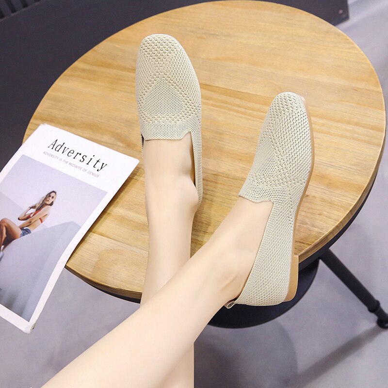 Chaussures coréennes à tricoter chaussures plates doux bout carré bouche peu profonde ballerines femme décontracté femme baskets dames chaussures Modis Ba