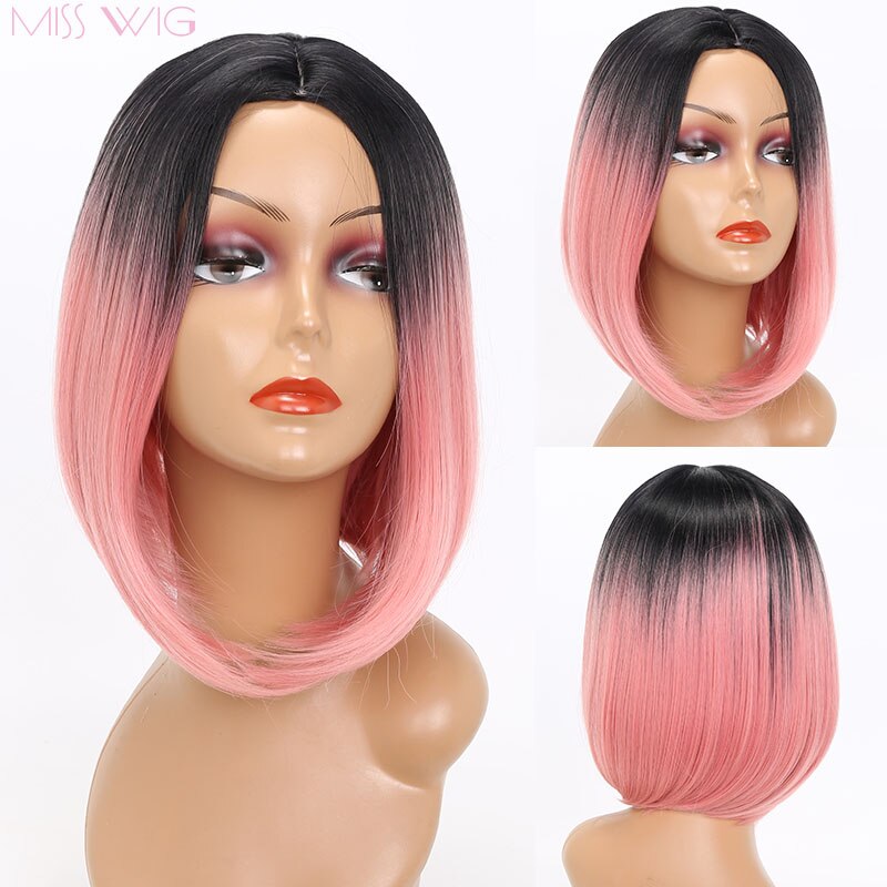 Miss Pruik Korte Rechte Ombre Roze Hittebestendige Bob Pruik Voor Vrouwen Zwart Ombre Kleur Synthetisch Haar: T4/27/30