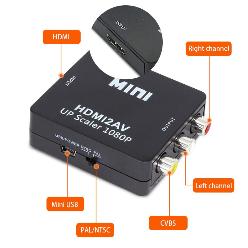 Hdmi til av scaler adapter hd video omformer eske hdmi til rca av / cvsb l / r video 1080p hdmi 2av Brukerstøtte ntsc kompis