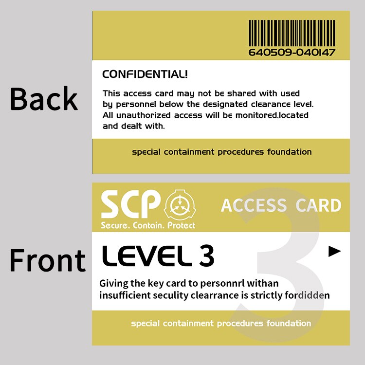 SCP Special Containment Procedures Foundation Secret Grade Access Card Mobile Task Forces Level Card Double Hard PVC Card: 3