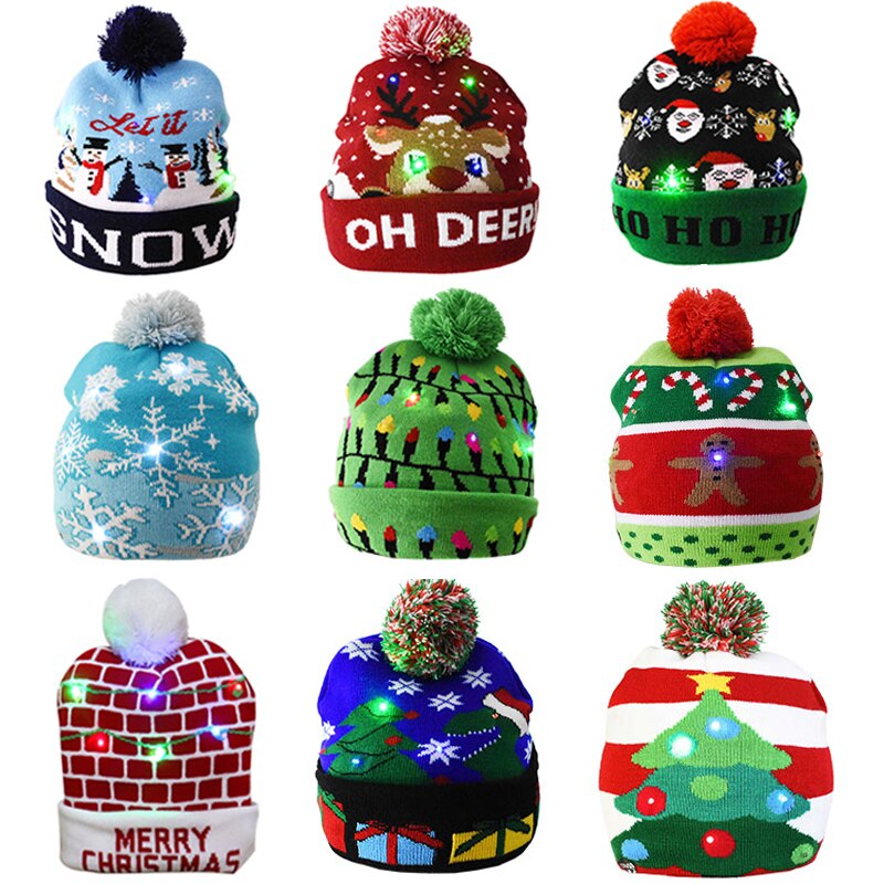 2022Christmas Hats Sweater Elk Knitted Beanie Hat With LED Light Up Cartoon Patteren Christmas Year Decoration navidad