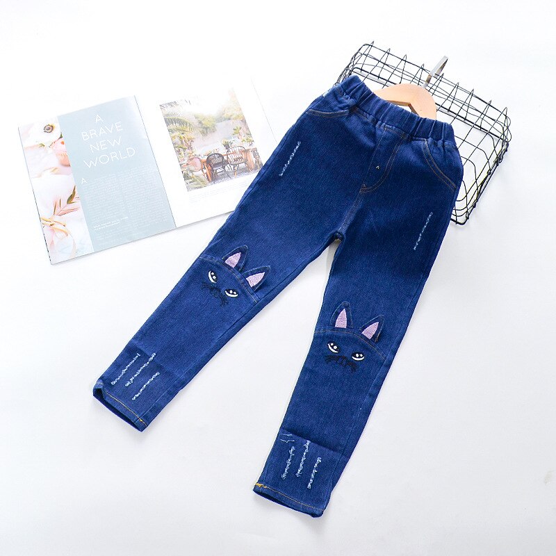Filles jean dessin animé chat broderie pantalon automne bébé fille vêtements Denim pantalon pour enfants adolescent vêtements: 7T