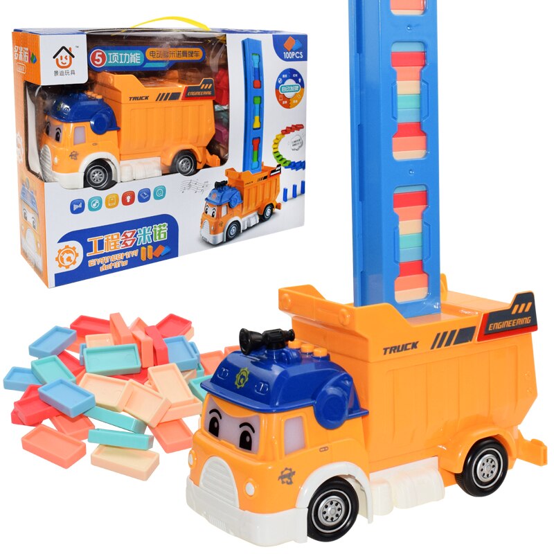 Automatische Verlegung Domino Ziegel Zug Auto einstellen Klang Licht freundlicher Bunte Kunststoff Dominosteine Blöcke Spiel Spielzeug Auto für freundlicher: Orange mit Kasten