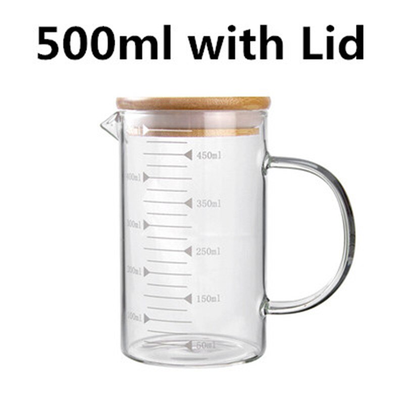 Food Grade Borosilicate Glass Measuring Cups with lid Pot Kettle Kitchen Accessories Measuring Milk Clear Glass Cup Cook Scale: 500ml with Lid