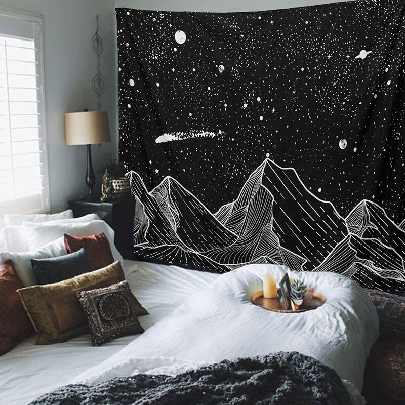 Tapiz de pared de montaña y Luna, tapiz negro y Arte Blanco de estrellas colgantes para decoración del hogar (negro, 60 pulgadas x 80 pulgadas)