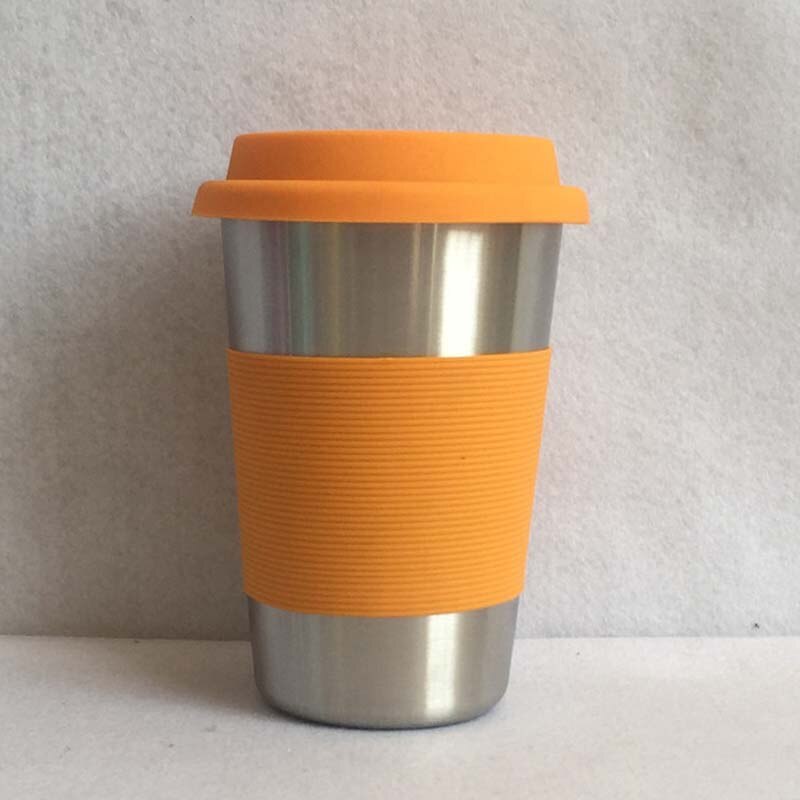 500ml Portable Practical Reusable Stainless Steel Silicone Cap Coffee Cups Eco Friendly Non-slip Travel Mugs Useful Wine Cup: Orange Stainless Cup