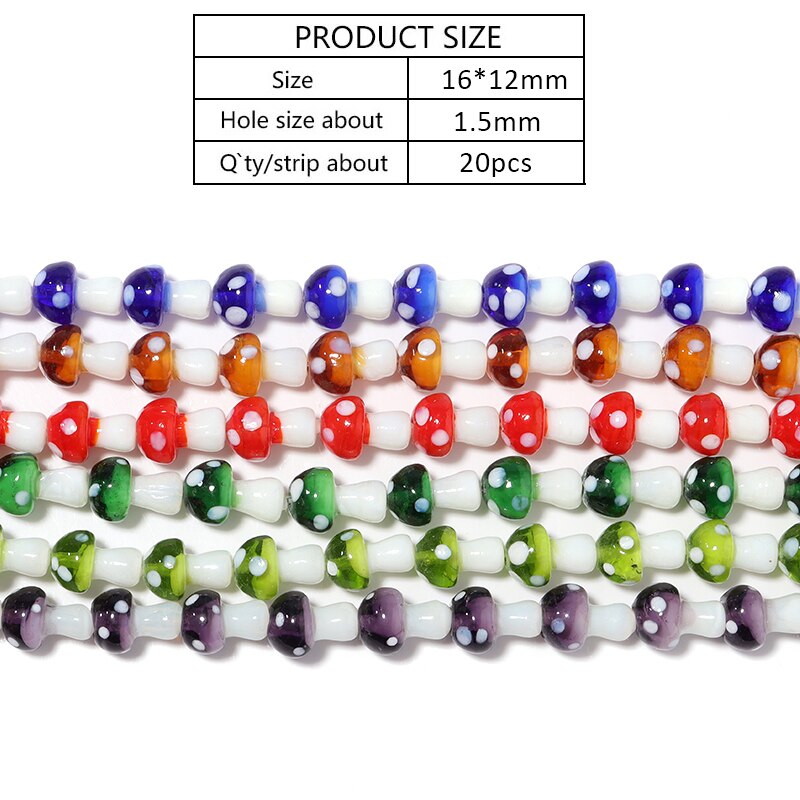 20 pçs/lote cores misturadas lampwork vidro cogumelo grânulos soltos para fazer jóias colar pulseira diy 12x16mm