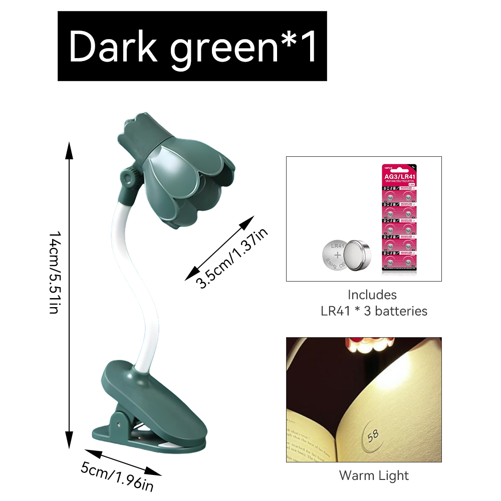 1pc justerbare klokkeformede led-boklamper med klips, dekorativ bordlampe for skrivebord, øyebeskyttelse for boklesing: Grønn