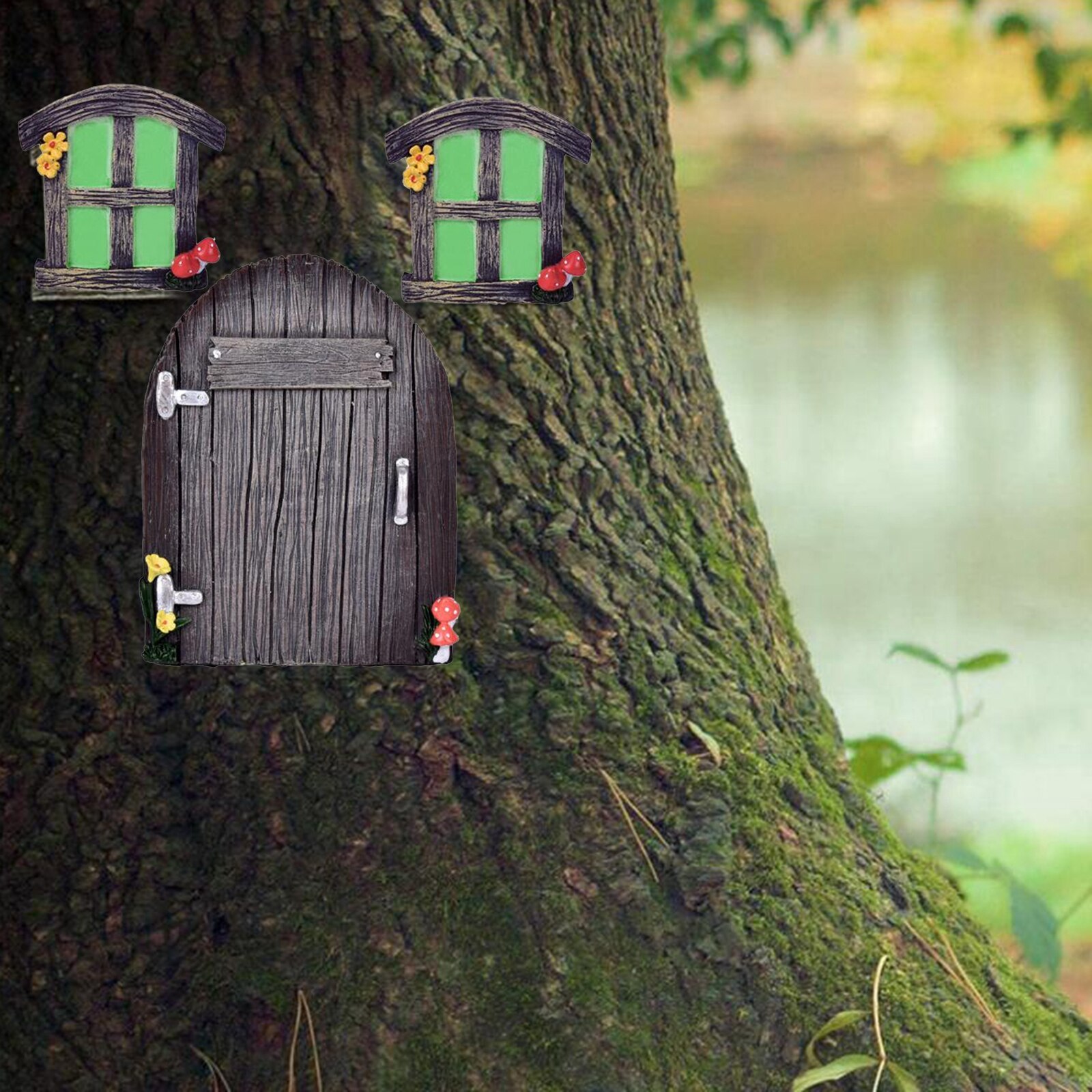Miniature Fairy Gnome Home Window and Door for Trees, Yard Art Garden Sculpture Decoration