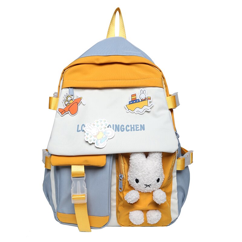 Patchwork Girls Backpacks Preppy Style Large Capacity for Teenagers Waterproof School Bags Shoulder Bags: Yellow / Without Toy