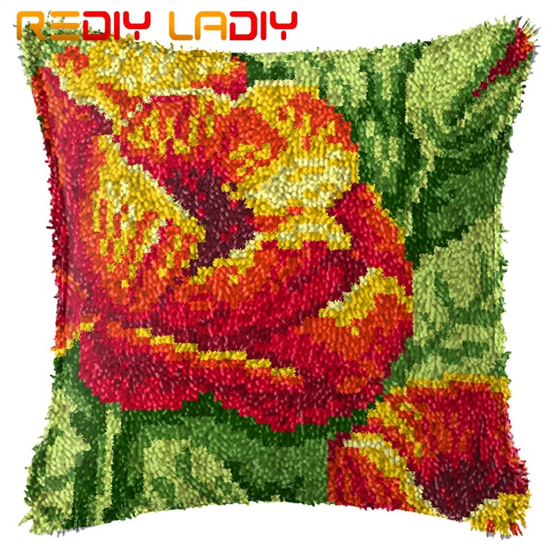 Loquet Crochet coussin coquelicots pré-imprimé toile coussin avant acrylique fil Crochet taie d'oreiller Kits canapé-lit oreillers décor à la maison: BZ818
