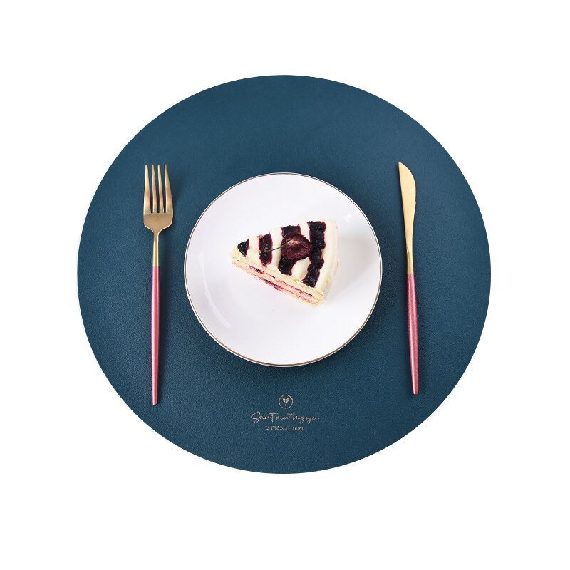 Inyahome runde læder dækkeservietter til spisning imiterede store pu dækkeservietter og små kaffeunderlag til køkken i hjemmet vandtætte: Cirkel blæk blå