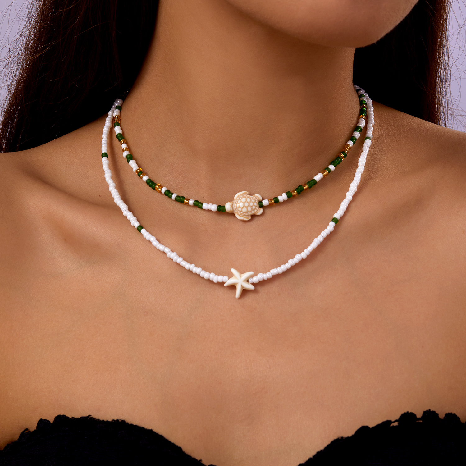 Collar bohemio con colgante de tortuga y estrella de mar con doble cuentas para mujer, gargantilla de cadena para clavícula con cuentas de semillas coloridas, joyería para en la playa: Color acero
