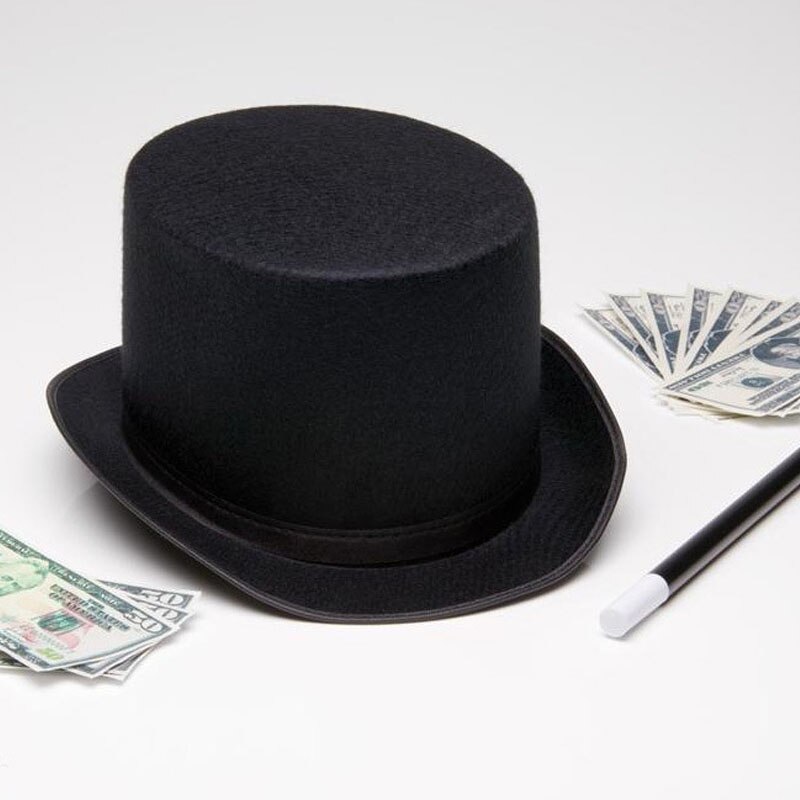 Svart topp lue satin høye caps voksne barn flate kuppel topp hatter for tryllekunstner kostyme forestilling teaterstykker musikaler fedora