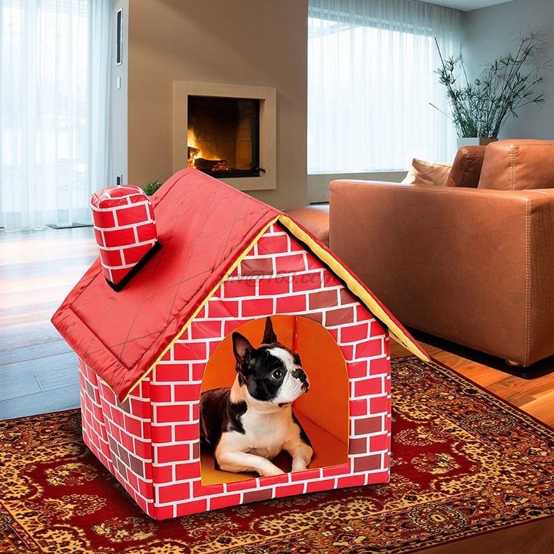 Varm indendørs blød hundegård med skorsten kæledyr stort hus simulation mursten doggy senge med måtte indendørs polyester reden telt