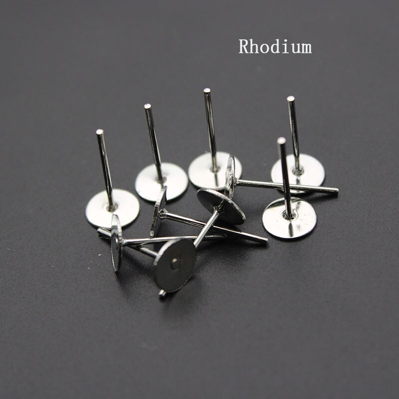 Lot de broches de boucle d'oreille vide, plaqué or argent, 4, 6, 8, 10mm, plateau rond plat, pour étude de bijoux à faire soi-même, 200 pièces/lot