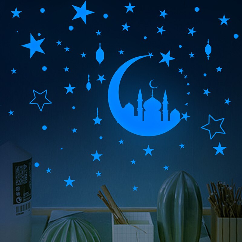 Ramadan Decoratie 2022 Lichtgevende Muurstickers Crescent Moon Star Lichtgevende Stickers Kinderkamer Decoratieve Stickers